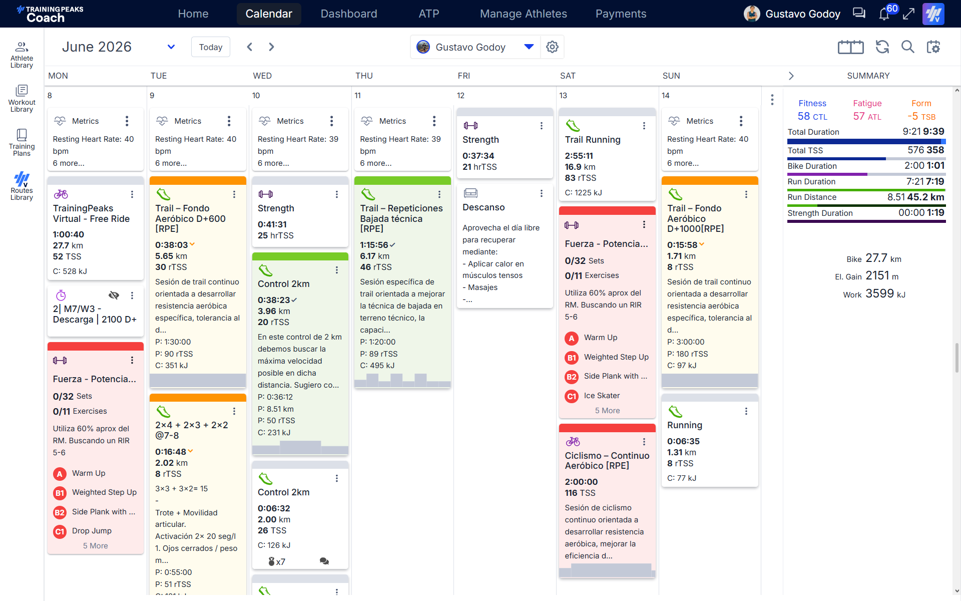 Calendario semanal de TrainingPeaks con plan de entrenamiento